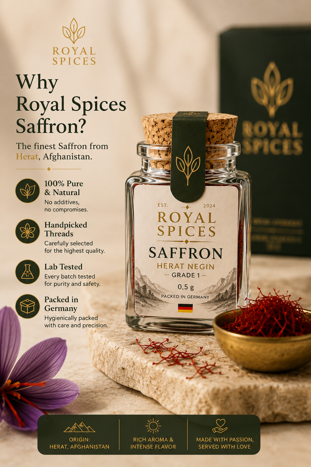 Royal Spices Herat Negin 0,5-g-Glas mit Herkunfts- und Qualitätsinformationen