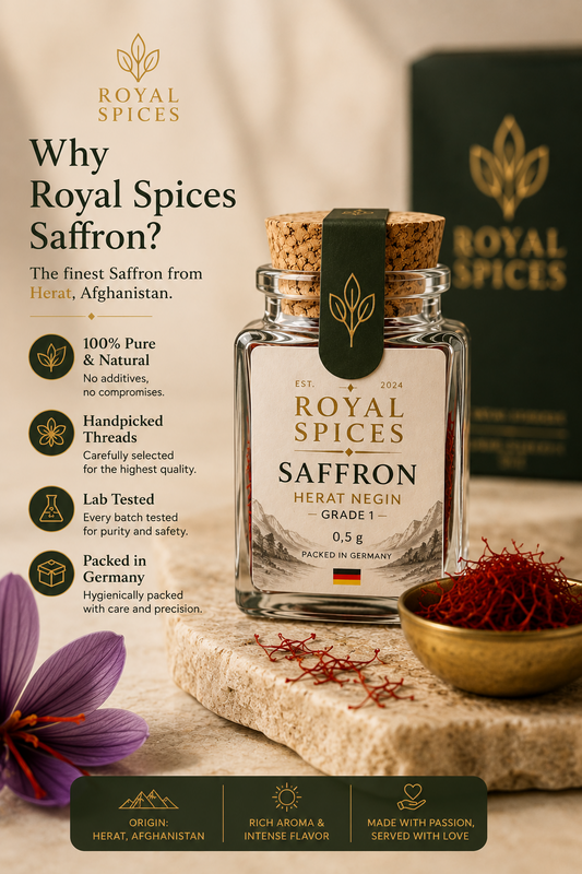 Royal Spices Herat Negin 0,5-g-Glas mit Herkunfts- und Qualitätsinformationen