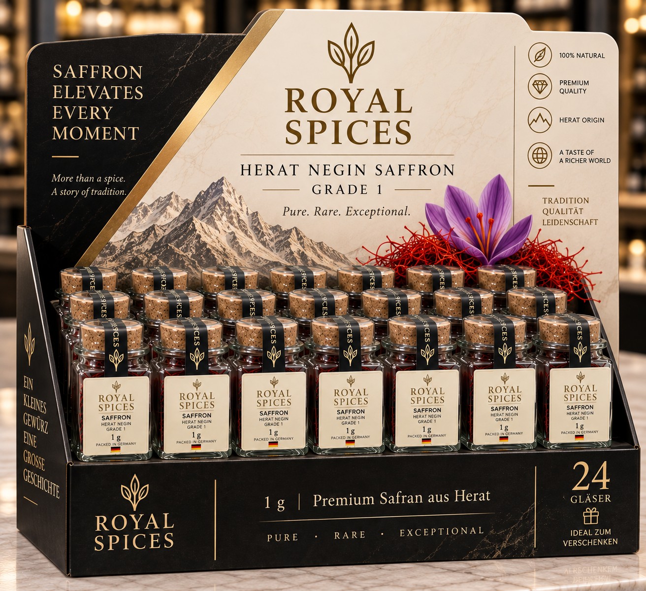 Royal Spices: Thekendisplay mit 24 Safrangläsern à 1 g